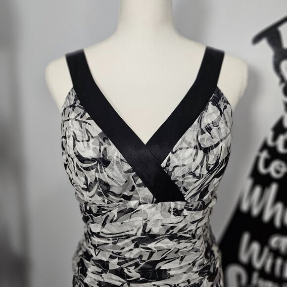 Donna Ricco NY Silk Ruched Floral Black And White A Line Midi Dress - Picture 3 of 11